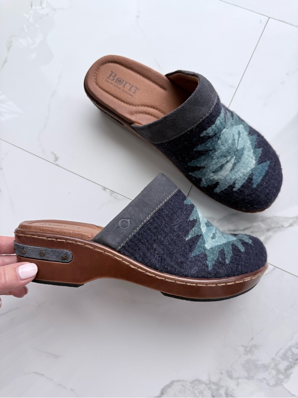 Børn Bandy Blanket Clogs Women 8 Navy Wool Suede Southwestern Aztec Boho